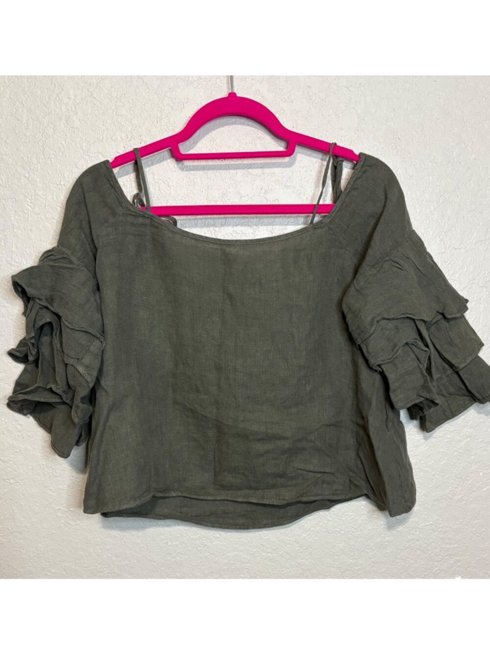 Zara Basic Olive Green Ruffle Sleeve Linen Top XS Womens Boho Chic